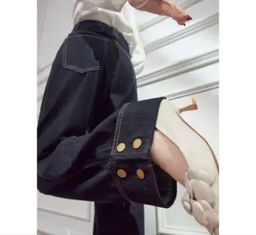 다크 블루 스트레이트 데님 하이웨스트 와이드