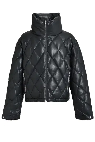 FAUX LEATHER QUILTING DOWN JACKET / BLK