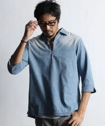 DUFFER USED 가공 7부 소매 데님 스키퍼 셔츠 L