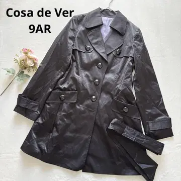 코사데 베일 블랙 광택 더블 브레스트 코트 트렌치코트 심플 M