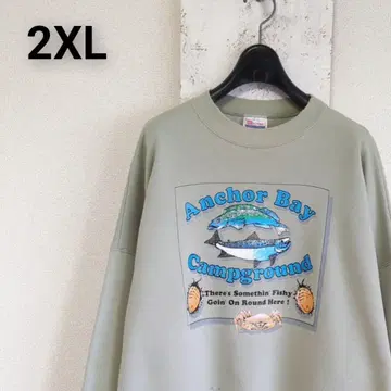 구제 의류 Hanes 맨투맨 탁한 그린 2XL 물고기 게 아웃도어