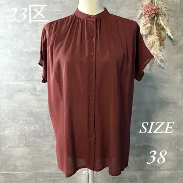 23구 밴드 카라 반팔 블라우스 브라운 고급 실루엣 38 사이즈