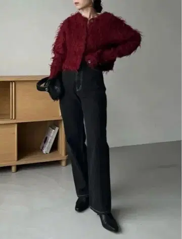 알파카 울 샤기 가디건 보르도