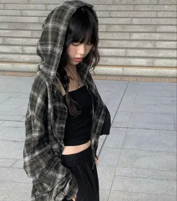 anyonemore 후드 부착 체크 셔츠