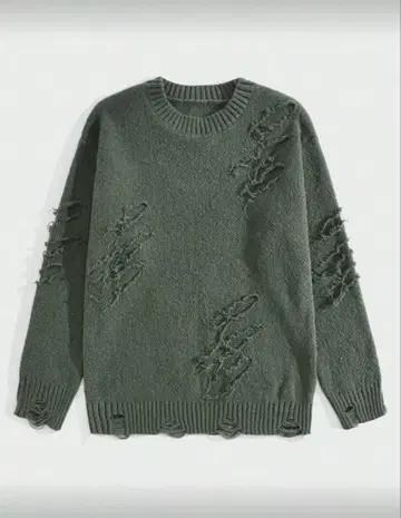 MEN Grunge Punk 데미지 니트 재기 보더 니트 그린