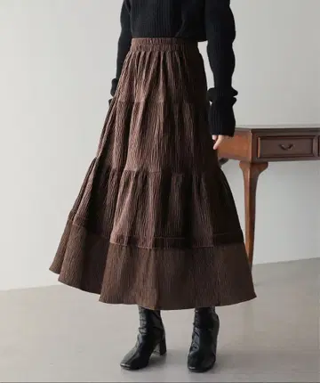 BLUEEAST 플리츠 벨로아 캉캉 스커트 브라운