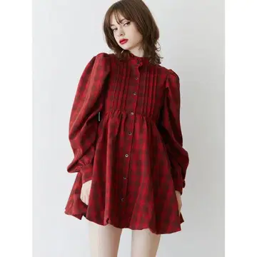 jouetie 빨간색 체크 미니 원피스 긴팔