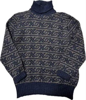 터틀넥 vintage Knit 네이비 브라운 기하학 패턴