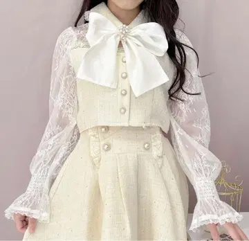 ROJITA 반짝이는 트위드 레이스 도킹 상의만 리본과 브로치 없음