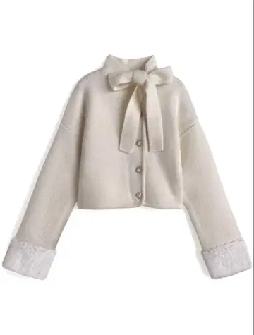 리본 펄 버튼 퍼 니트 가디건[lt150] 새상품 택 포함