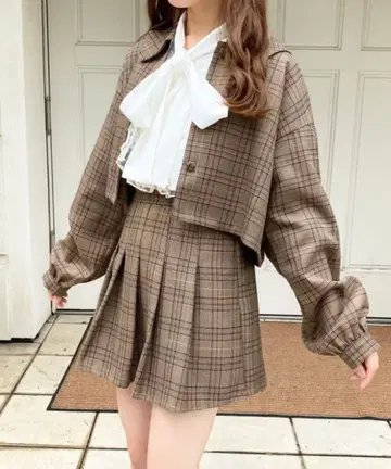 apres jour 셋업 체크 자켓 치마바지 브라운