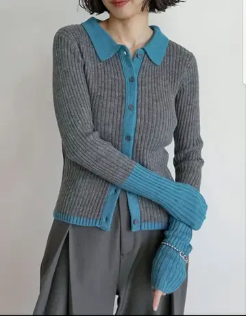 Re:EDIT/벌키 니트 배색 폴로 가디건