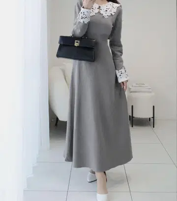 mily bilet 펄 사용 레이스 카라 니트 원피스 그레이