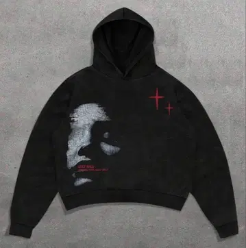 얼굴 프린트 크롭 후드티 블랙