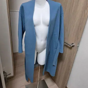 블루 롱 코트 허리 벨트 포함