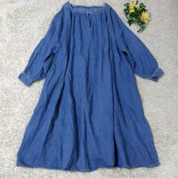오메카시 데님 원피스 루즈핏 개더 블루