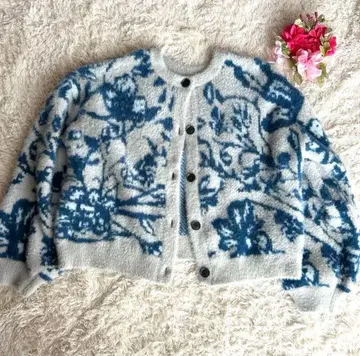 HARE 복슬복슬 샤기 플라워 니트 가디건 그레이 x 블루 F 사이즈