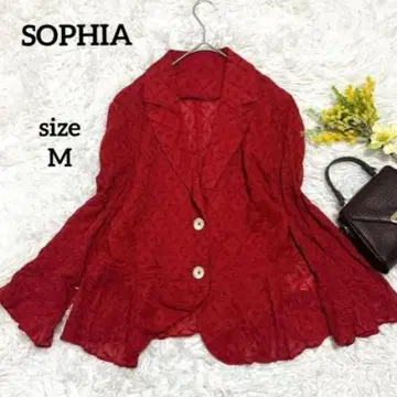 소피아 테일러드 자켓 전체 레이스 프릴 시스루 빨간색 면 린넨 일본제 M