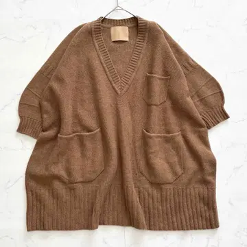일리안 로브 니트 V넥 포켓 7부 소매 울 100% F 브라운