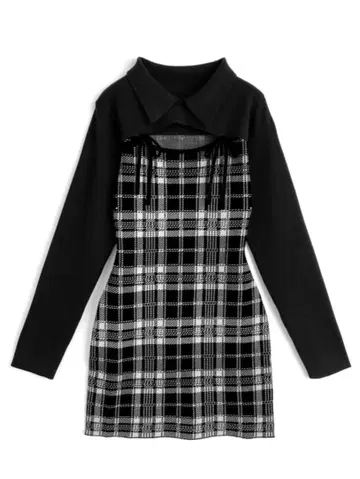 GRL 체크 무늬 프론트 오픈 리본 니트 미니 원피스 ru1373