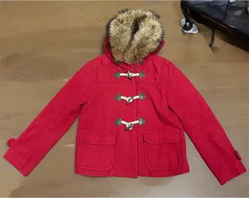 빨간색 더플 코트 퍼 달린 후드