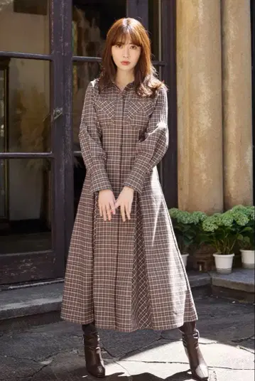 새상품 Checkered Pleats Long Shirt Dress