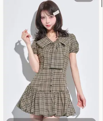 다리치 빅 리본 벌룬 체크 미니 원피스 FL 사이즈
