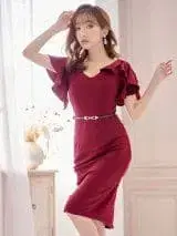 버건디 프릴 슬리브 미디엄 드레스 원피스 어깨 리본 무릎 기장