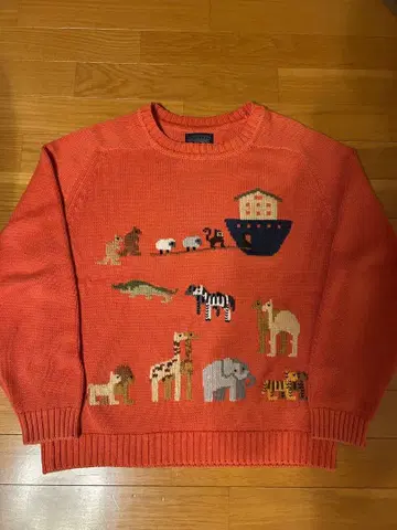 80s 90s Lands' End 동물 패턴 스웨터 오렌지 코튼 니트