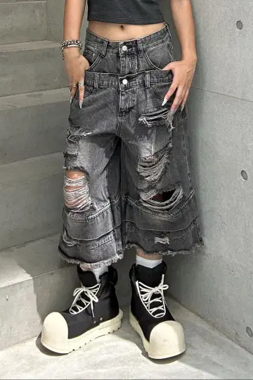 Ksg 더블 허리 데미지 하프 팬츠