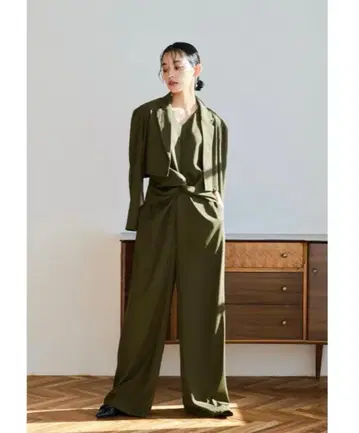 카키 팬츠 셋업 허리 리본 포함