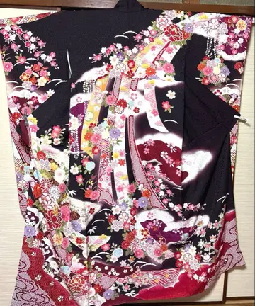 블랙 흑연색 화조 다발 노시 후리소데 기장 160