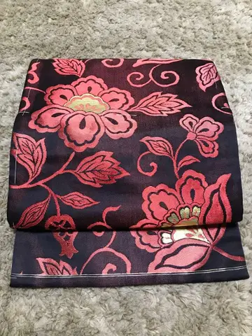 미사용 앤티크!! 옥충 블랙 베이스 꽃+덩굴 패턴 직조 나고야 오비