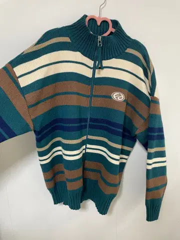 보더 니트 집업 L 사이즈 그린 남녀 공용