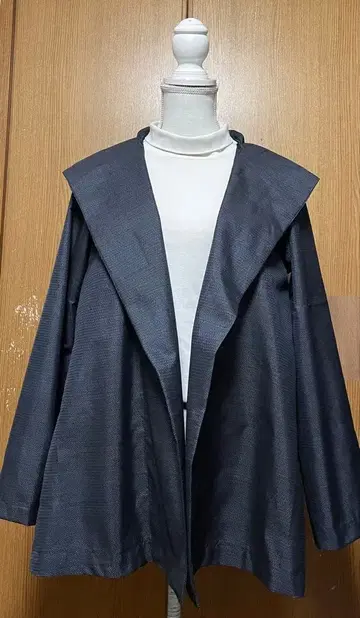 기모노 리메이크 심플 남색 계열 오시마 후드 부착 자켓 L~LL 사이즈