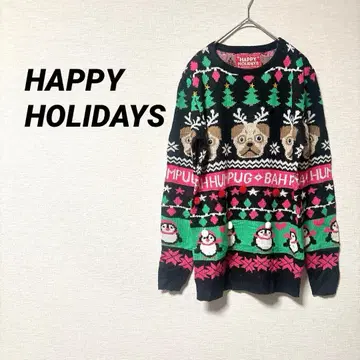 하나뿐인 HAPPY HOLIDAYS 니트 스웨터 크리스마스 퍼그