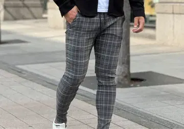 체크 무늬 스키니 팬츠 (그레이, 블랙)