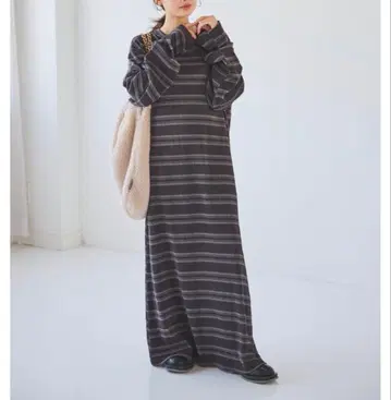 mite 브라운 스트라이프 롱 티셔츠 원피스