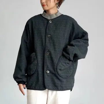 우즈이로 린넨 패턴 노카라 자켓 블랙 미카와 목화 자수 직조