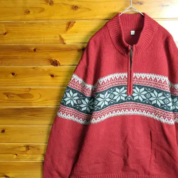 니트 스웨터 하프 지퍼 빨간색 노르딕 무늬 기하학 패턴 XL 하이넥