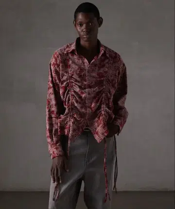 [ GRANCY ] 셔링 디자인 블리치 체크 셔츠 레드 M