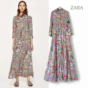 ZARA 스트라이프 꽃무늬 롱 셔츠 원피스 USxs 사이즈