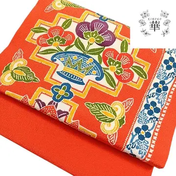 70 화 나고야 오비 크레이프 원단 형염 모던 꽃 이국적인 오렌지