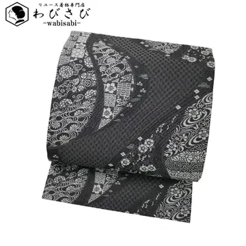 나고야 오비 모던한 꽃 무늬 먹색 가드 가공 O-5135