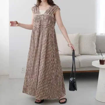 DISCOAT 셔링 체크 민소매 원피스