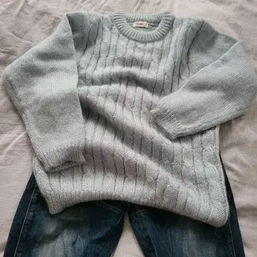미사용품 80년대 홍콩제 케이블 니트 라이트 그레이