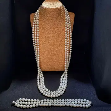 미사용 담수 펄 화이트 3연 목걸이 & 팔찌