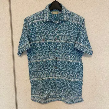 빈티지 L.L.Bean 반팔 셔츠 블루 화이트 기하학 패턴