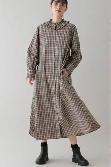 체크 무늬 긴팔 셔츠 원피스 프리 사이즈