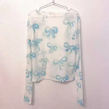 POPPY 시스루 상의 시어 탑 스카이블루 리본 무늬 USED 새상품급